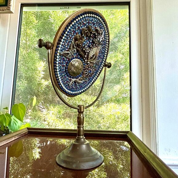 Vintage Tabletop Vanity Mirror with Ornate Floral and Rhinestone Embellishments - Picture 13 of 16